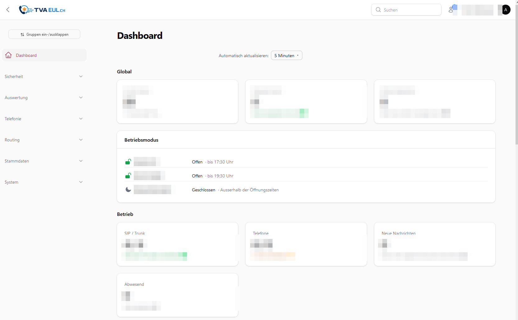 Dashboard der TVA Verwaltungsoberfläche
